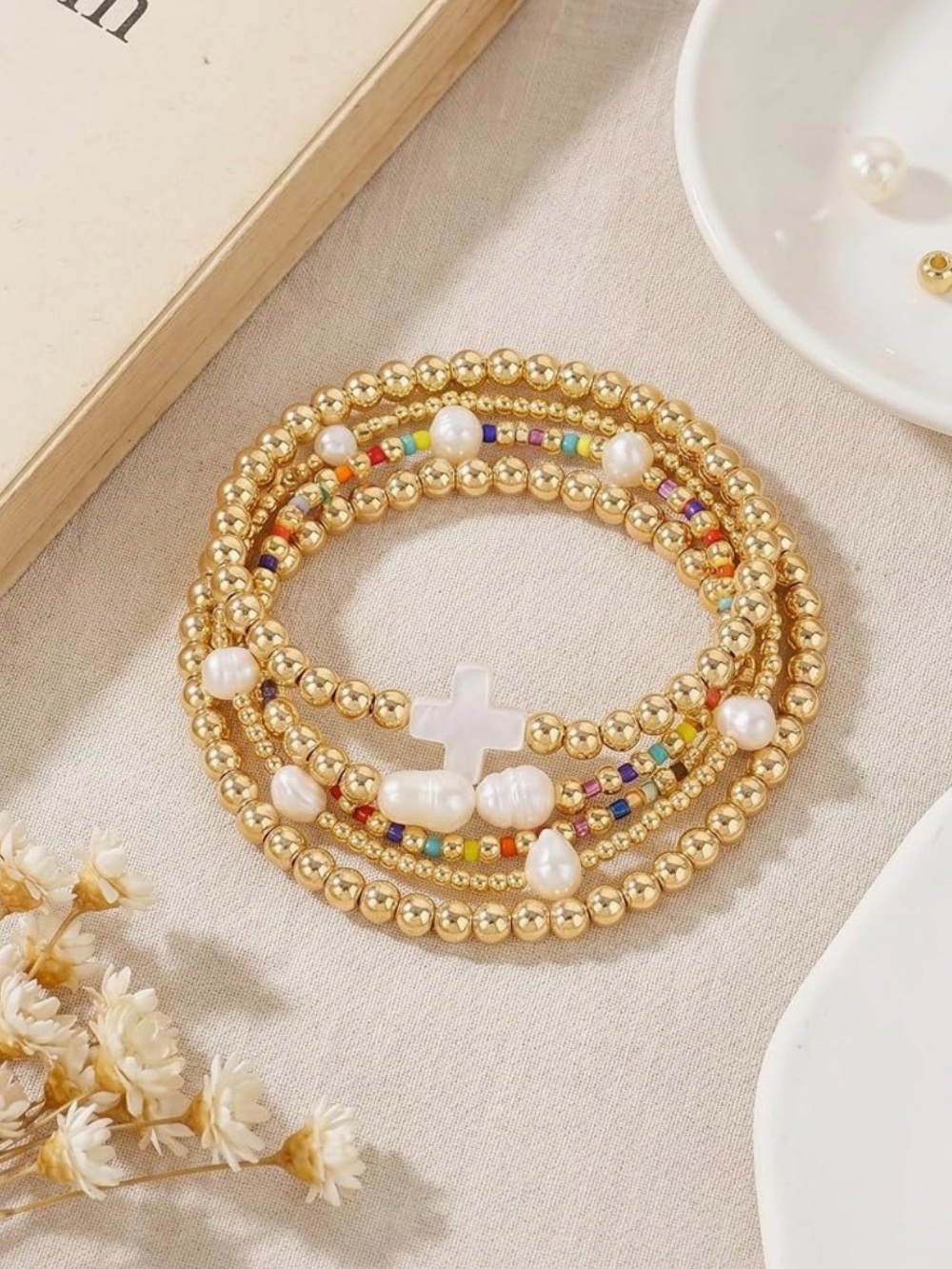 Gold Pearl Stackable Beaded Bracelet Set with White Cross Accent - Picture 4 of 14
